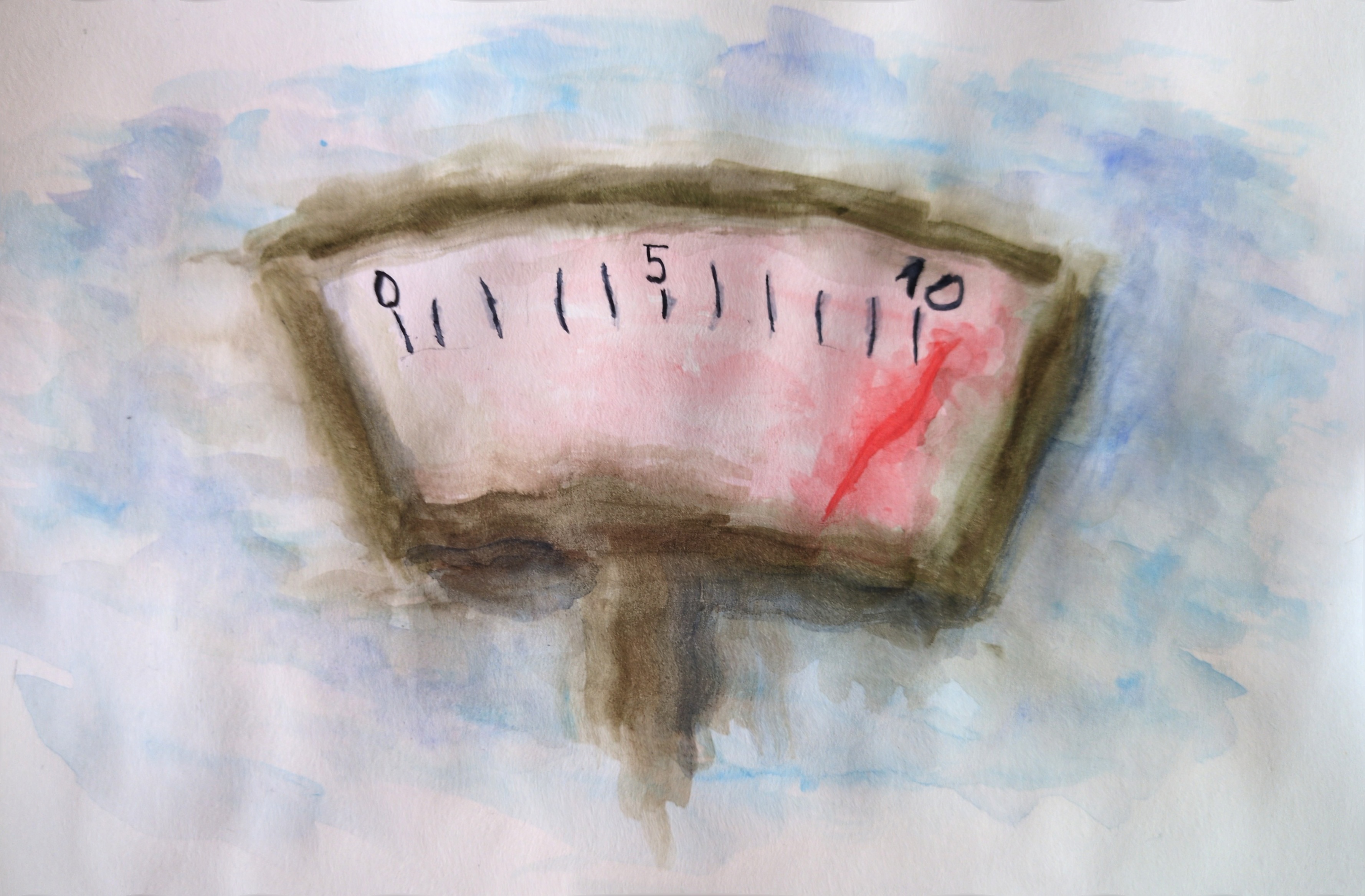 Aquarelle painting of a device that looks something between a parking meter and an old analogue amp meter. The display goes from 0 to 10, and the red needle is past the 10. The image has dull colors and is a bit blurry and washed out.